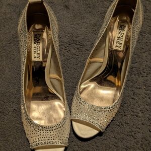 Badgley Mischka Gold Embellished Peep-Toe Heels